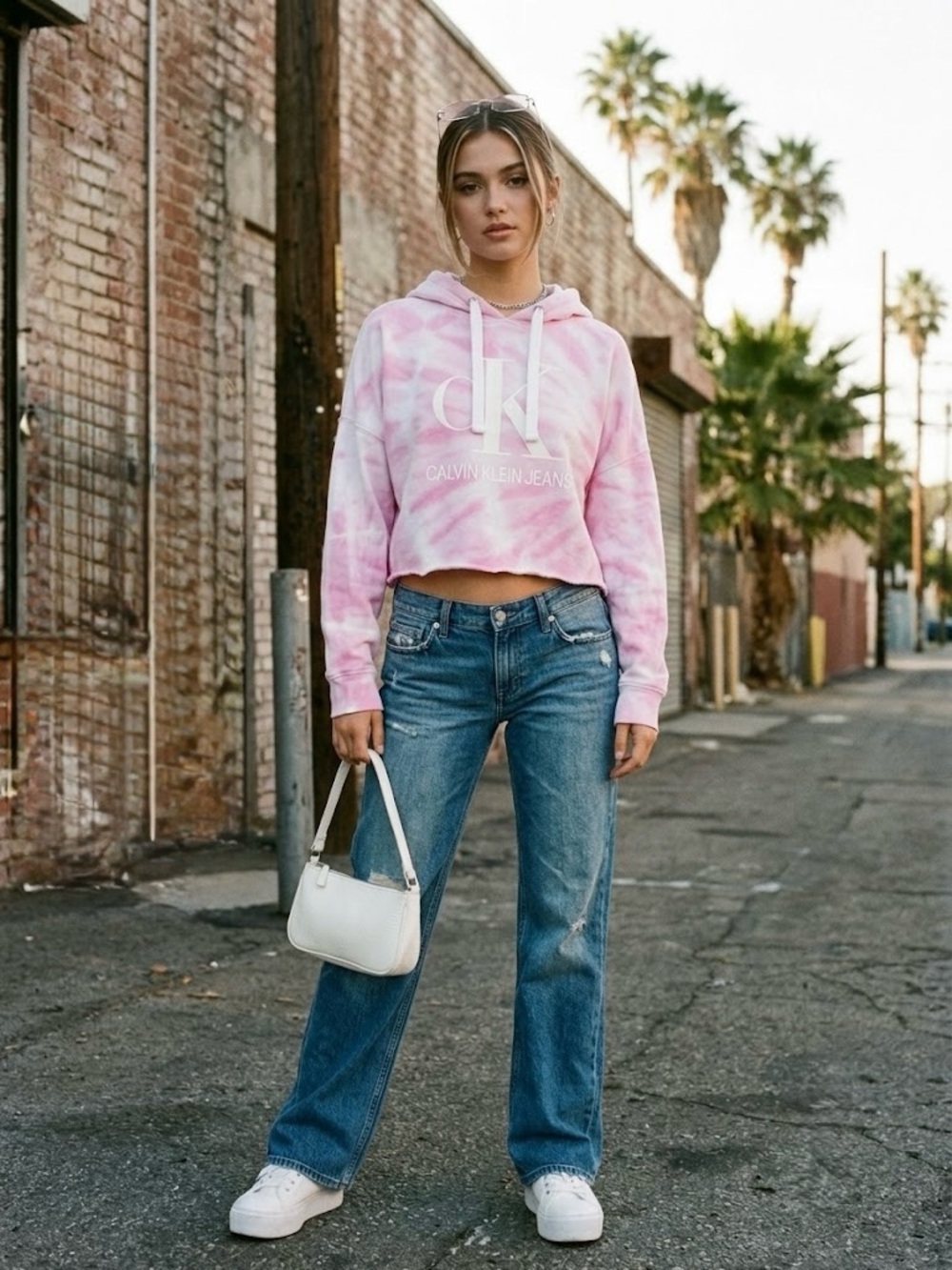 Calvin Klein Jeans Pink Tie-Dye Cropped Hoodie